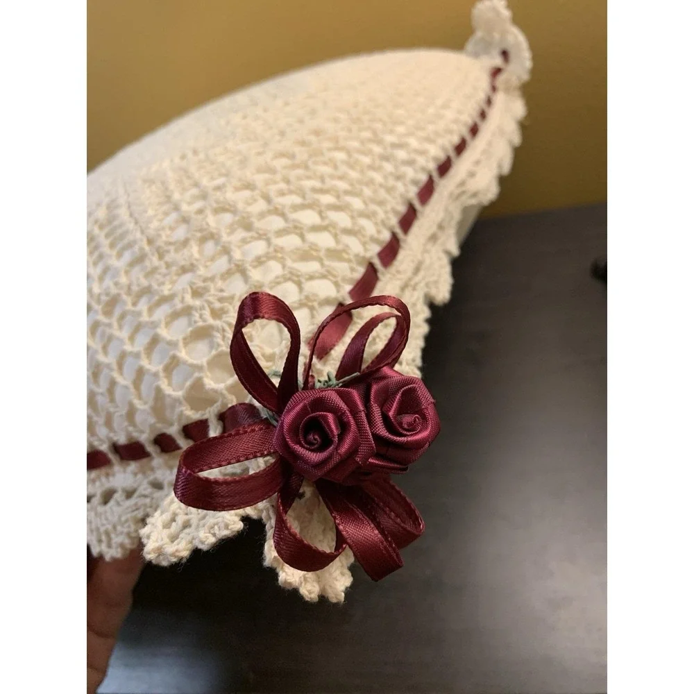 Vintage Crochet Lace Throw Pillow Cream Burgundy Ribbon Rosebuds Square 13x13